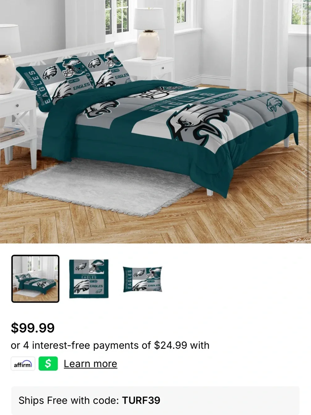 Philadelphia Eagles Teal and White Comforter Set - Team Bedding - Queen Size